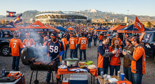 Broncos tailgate in the South Lot with grills and mountains in the distance